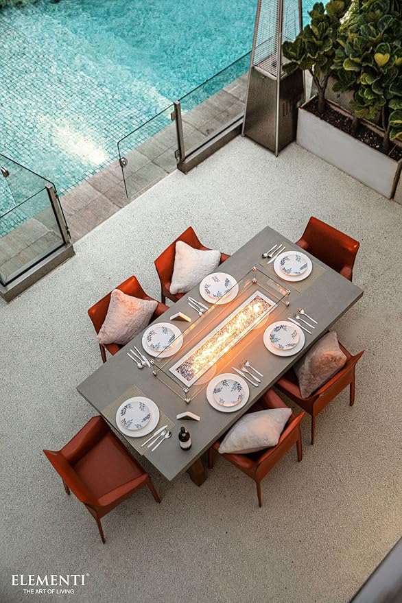Elementi | Sonoma Gas Fire Pit Cast Concrete Rectangular Dining Fire Table, Outdoor Fire Pit Electronic Ignition | Canvas Cover, Lava Rock Included | Propane Gas