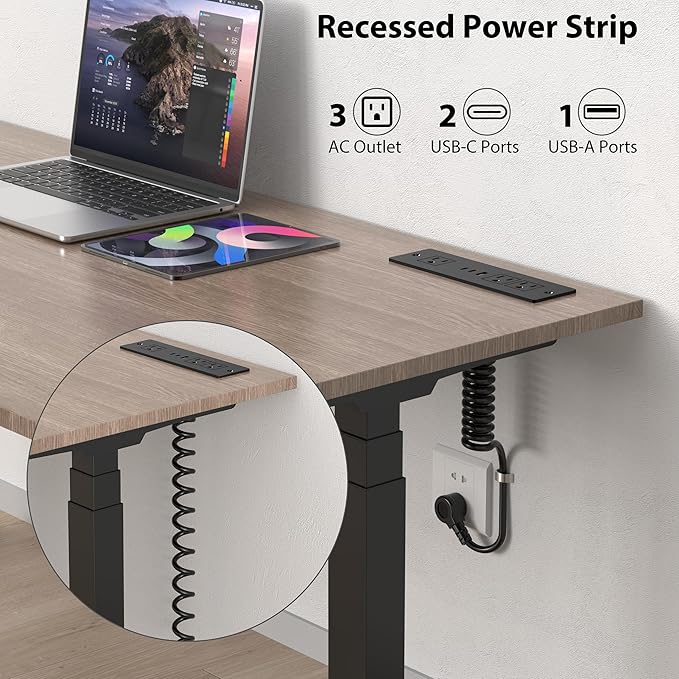 Furniture Drawer Outlet, Recessed Power Strip with (3) PD 20W USB Ports Fast Charging & (3) 15 Amp AC Outlets, (14 AWG) 10 FT Spring Black Cord