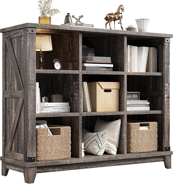 EnHomee 9 Cube Storage Organizer and Shelves, Cubby Storage Organizer, Bookshelves with Storage for Home and Bedroom, Black Oak