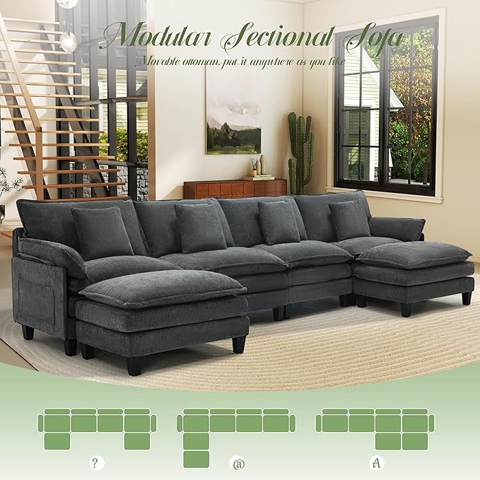 Modular Sectional Sofa, Comfy Cloud Couch with Movable Ottoman, Deep Seat Couches for Living Room, Bedroom and Apartment, 140" U Shaped Modern Sofa with Pillows, Grey