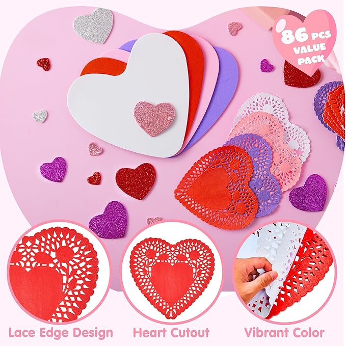 JOYIN 86 Pcs Valentines Day Heart Doilies Craft Gift Set with 50 Pcs Paper Doilies, 12 Foam Craft and 1 Bags of Glitter Foam Heart Stickers for Valentine's Day Party Tableware Decoration