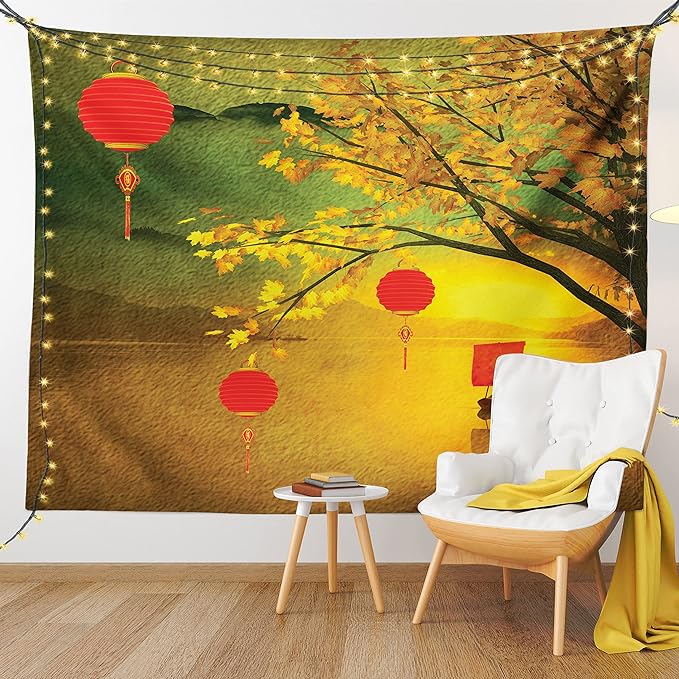 Ambesonne Oriental Tapestry Twin Size, Traditional Chinese Folk Hanging from Pale Fall Trees Lake Faded Nature Photo, Wall Hanging Bedspread Bed Cover Wall Decor, 68" X 88", Yellow Green