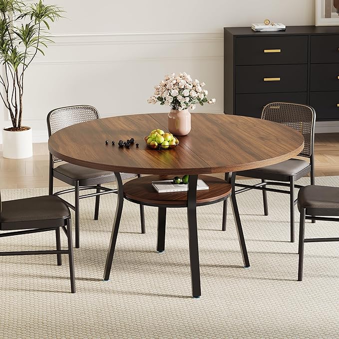 Garvee 47'' Round Dining Table for 4-6 People, Farmhouse Kitchen Dining Table, Round Dinner Table with Storage Shelf for Kitchen, Living Room (Table Only), Walnut