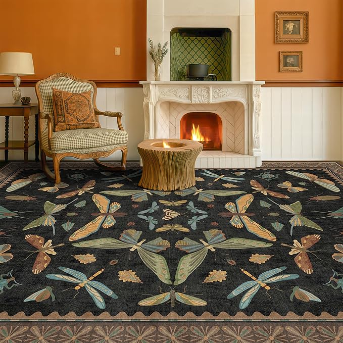 Living Room Rug Black Boho 6x9 - Dining Room Rugs for Under Table, Bedroom, Insect Bug Eclectic Home Décor, Washable Non Slip Foldable