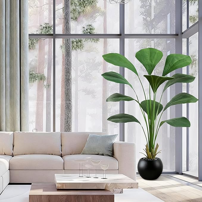 Artificial Sumatra Palm Tree: 5FT Fake Licuala Fan Palm Tree Faux Tropical Plant Realistic Tall Floor Plant in Black Egg-Shaped Pot for Home Living Room Office Decor Patio Hotel Indoor Outdoor