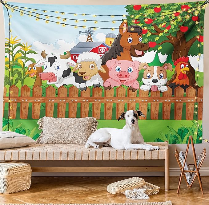 Ambesonne Cartoon Tapestry, Composition Farm Animals on Fence Comic Mascots Dog Cow Horse Design, Fabric Wall Hanging Decor for Bedroom Living Room Dorm, 23" X 28", Green Multicolor