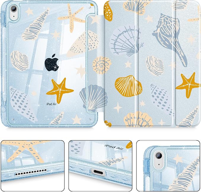 for iPad Air 11 inch M4/M3/M2 (2026/2025/2024) iPad Air 5th/4th Gen (2022/2020) 10.9 inch with Pencil Holder Glitter Clear Pretevtive Cover Auto Wake/Sleep Black Cartoon Stickers