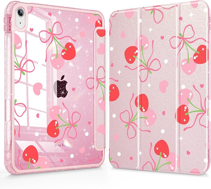 for iPad Air 11 inch M4/M3/M2 (2026/2025/2024) iPad Air 5th/4th Gen (2022/2020) 10.9 inch with Pencil Holder Glitter Clear Pretevtive Cover Auto Wake/Sleep Black Cartoon Stickers