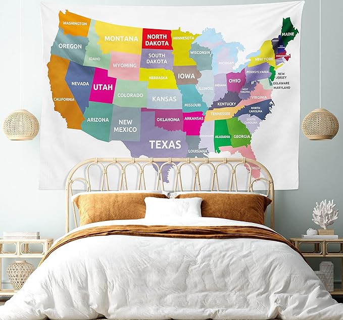 Ambesonne Map Tapestry, USA Map with Name of States in Colorful Design America Geography Cartography Theme, Wide Wall Hanging for Bedroom Living Room Dorm, 60" X 40", Red Yellow