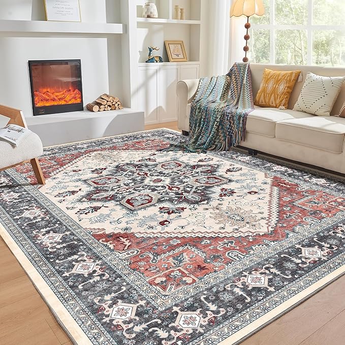 OPPODREAM Thin Area Rugs 4x6, Low-Pile Washable Rugs 4x6 with Non Slip Backing, Faux Cashmere 4 x 6 Throw Carpet, Black & Red