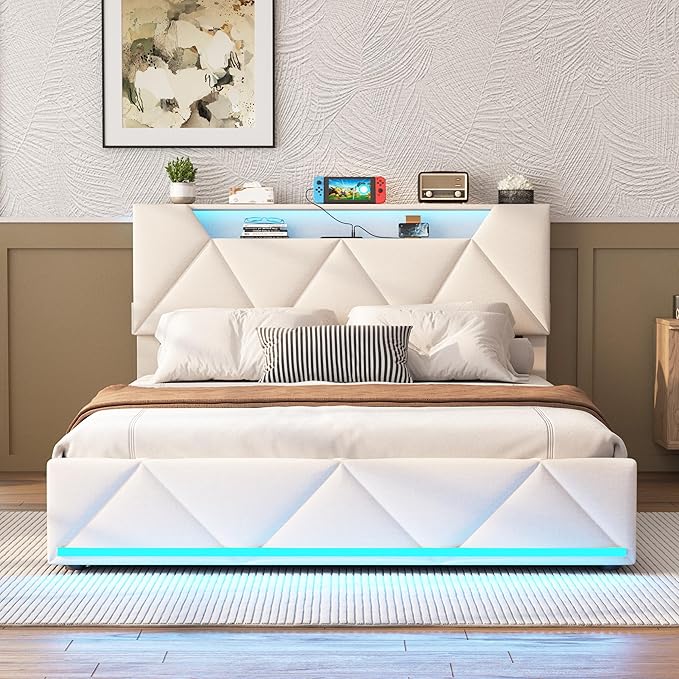 Vabches Full Bed Frame with Storage Headboard and 4 Drawers,Upholstered Platform with Charging Station and Led Lights,Adjustable Headboard,No Box Spring Needed,Beige