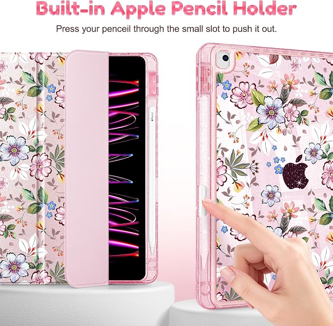 Mektron Sparkly Case for iPad 10.2 inch Glitter Tablet Cases for iPad 9th Gen 2021/8th Gen 2020/7th Gen 2019 Cover with Shiny Clear Back Shell Foldable Bling Smart Cover Blue Floral