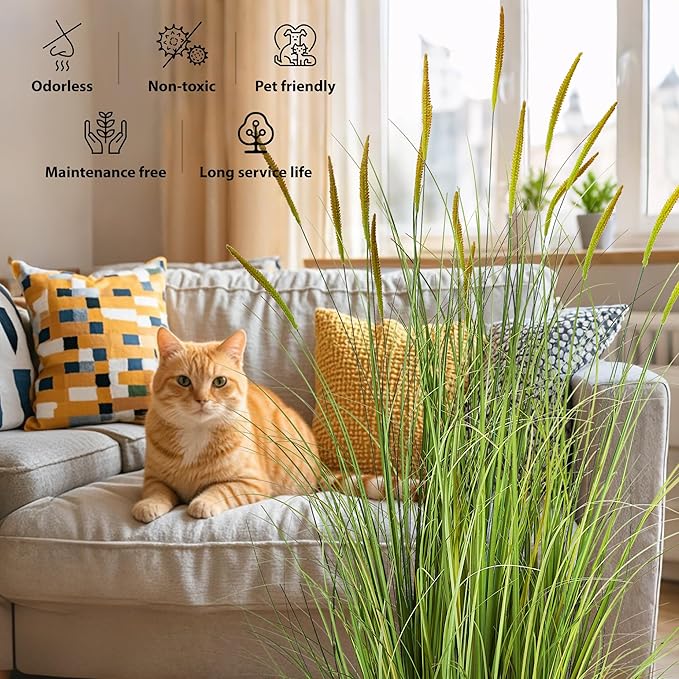 KOL 3ft Artificial Cattail Grass, 35in Artificial Indoor Outdoor Fake Onion Grass Reed Floor Plant, Home Office Wedding Decor Potted Plant, Housewarming Gift, Green