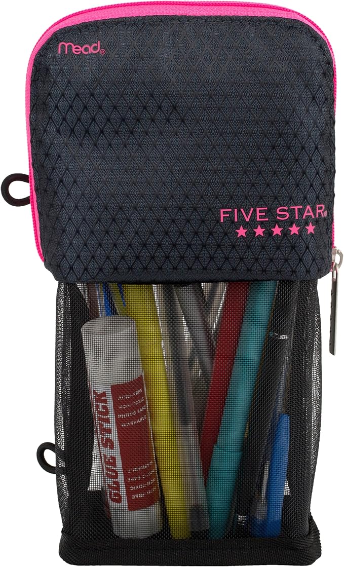 Five Star Pencil Pouch, Pen Case, Stand 'N Store Zipper Pouch, Fits 3-Ring Binder, Storage Organizer for Supplies Earbuds Chargers Cables Makeup, Navy/Pink (505160B-ECM)