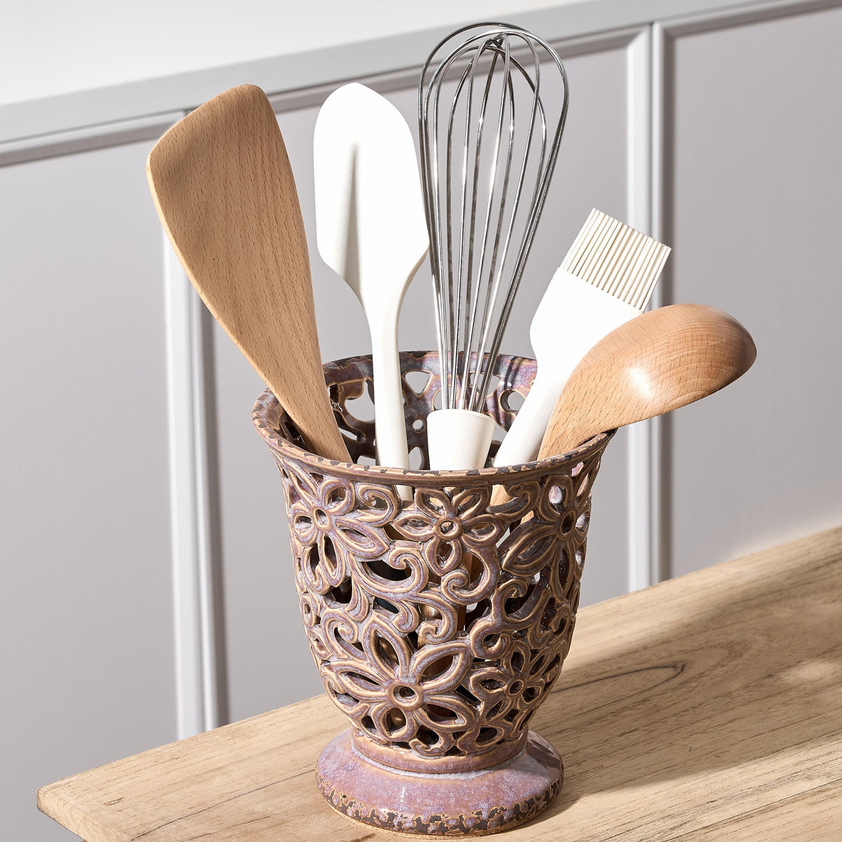 Utensil Holder for Kitchen Counter, Modern Farmhouse Cooking Utensil Holder and Crock Home Kitchen Decor, Ceramic Utensil Organizer for Spatula, Ladle, Eggbeater, Rolling Pin- Kiln-Transformed Purple