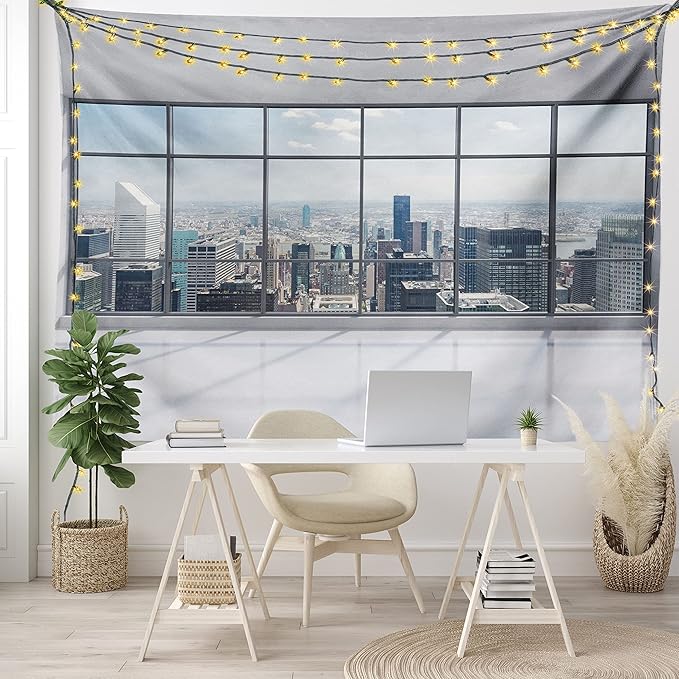Ambesonne City Tapestry Queen Size, Clean Office with Big Window Downtown Skyscraper Buildings Domestic Cityscape Art, Wall Hanging Bedspread Bed Cover Wall Decor, 88" X 88", Grey White