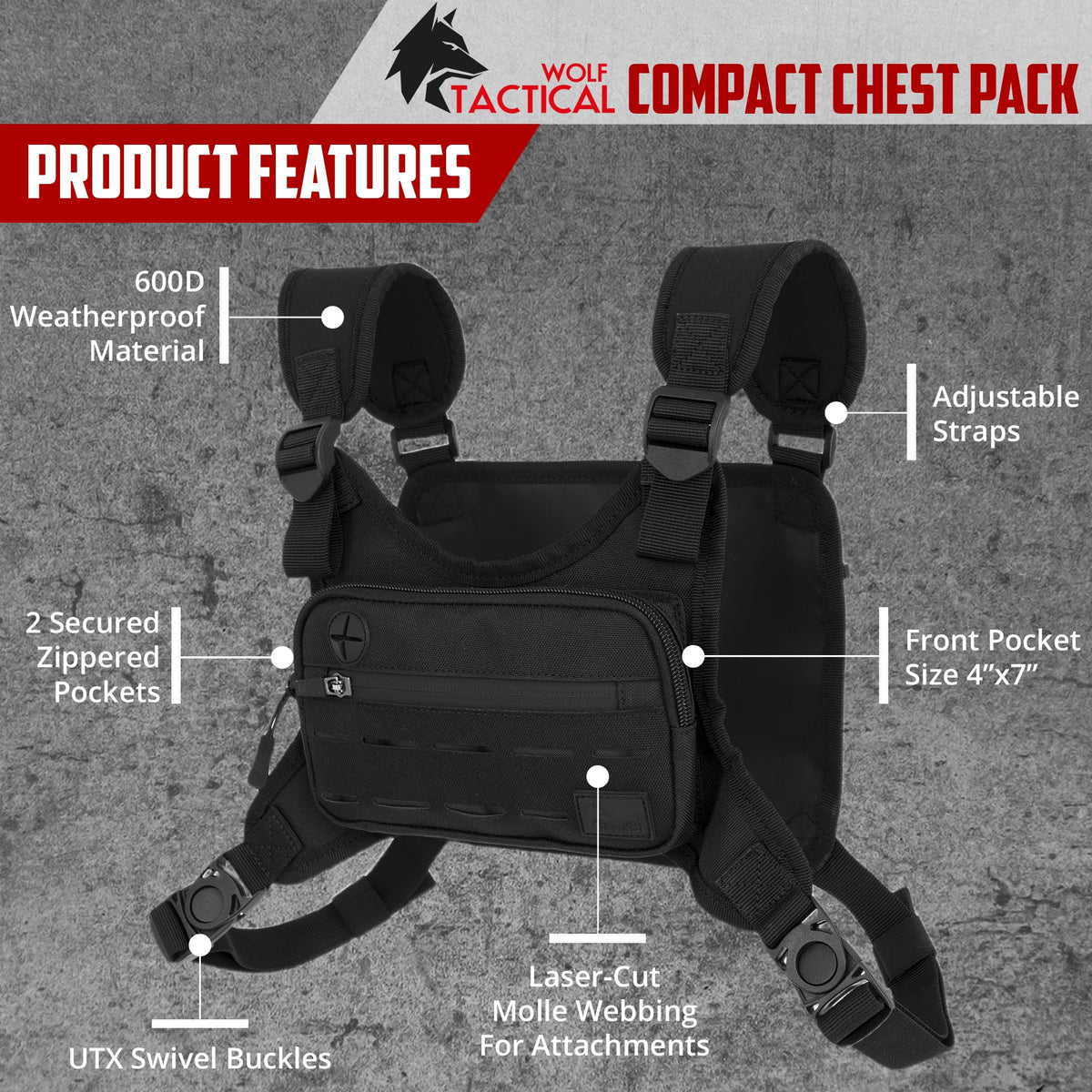 WOLF TACTICAL Men Chest Pack - Lightweight Running Vest, Water Resistant, Black