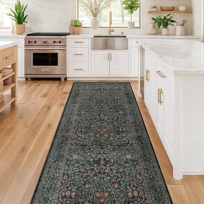 Dark Green 2 x 8 Runners for Hallways, 8ft Long Floor Runner for Kitchen, Entryway Indoor, Washable Non Skid Rubber Backing Stain Resistant - Vintage Floral Décor