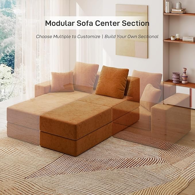 Living&Giving Cloud Sectional Couch for Living Room, Modular Boneless Couch with 1 Ottoman, Middle-seat Can Be Combined with Modular Sofa, Customizable Layout for Any Space, Orange