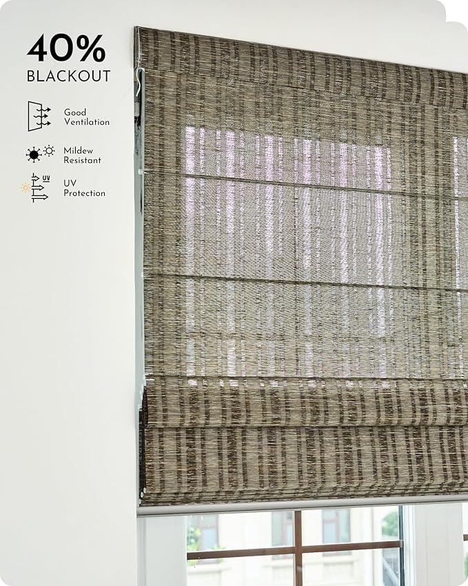 Graywind Smart Natural Roman Shades Compatible with Alexa Google Rechargeable Light Filtering Motorized Blinds with Remote Plain Fold for Doors Bedroom, Custom Size (Strip Brown)