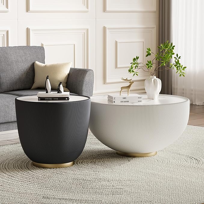 Round Coffee Table Set with Sintered Stone Tabletop, 27.56" White Drum Center Table and 19.69" Grey Coffee Table Set, 2 Pieces Living Room Table Set with Fluted PU Leather Cover& Metal Base
