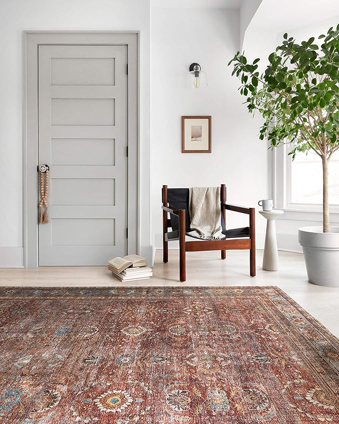 Loloi Layla Collection LAY-01 Brick/Blue 3'-6" x 5'-6" .13" Thick Accent Rug, Soft, Durable, Vintage Inspired, Distressed, Low Pile, Non-Shedding, Easy Clean, Printed, Living Room Rug