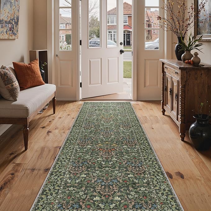 GENIMO Floral Washable Runner Rug 2’6”x8’, Non-Slip Long Hallway Carpet for Entryway, Kitchen, Indoor Floor Use, Vintage Boho Soft Thin Rug Décor, Emerald Green