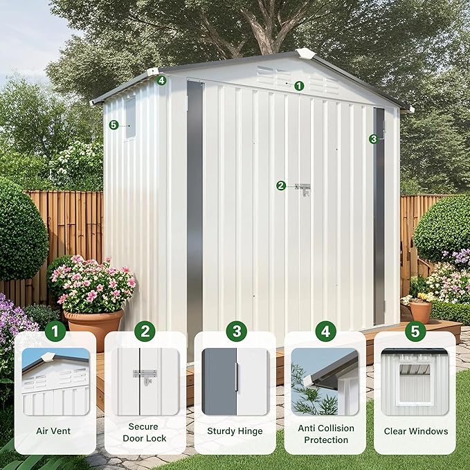6 x 4 FT Outdoor Storage Metal Shed, Bike Garden Tool Shed with Slooping Roof, Lockable Doors and Aluminum Frames, Shed Easy to Assemble for Garden, Patio, Lawn, White