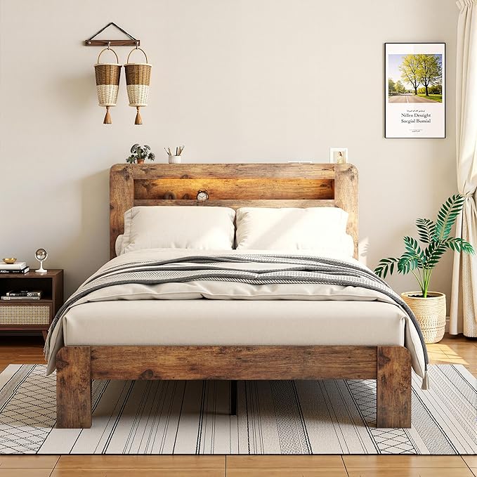 Wood King Size Bed Frame with Headboard, Farmhouse Platform Bed Frame with Bookcase Shelf,LED Lights,Charging Station,Heavy Duty Supports,No Box Spring Needed,Dark Brown