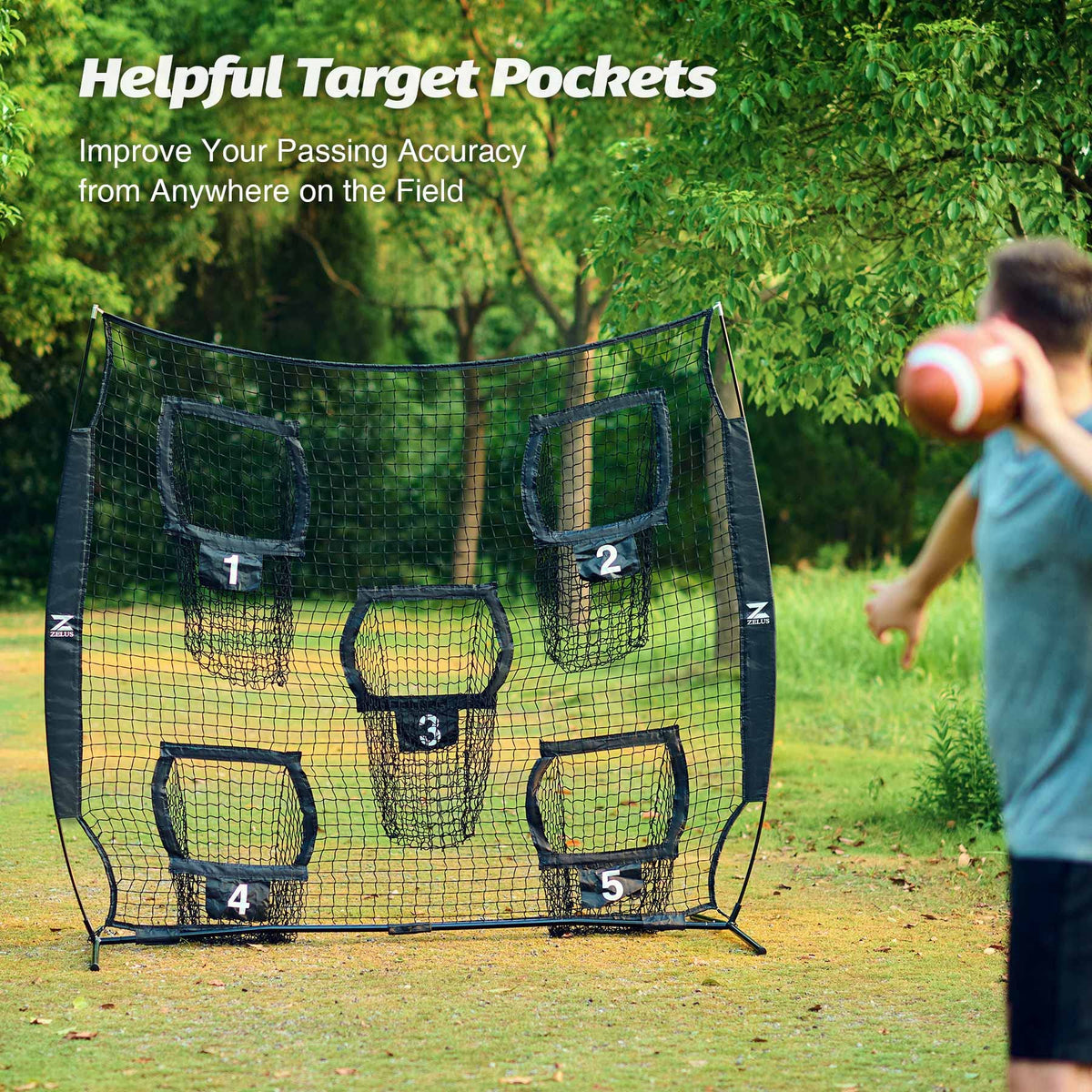 ZELUS Football Throwing Net, 7x7ft Football Training Equipment with 5 Target Pockets for Throwing and Passing Practice, Portable Quarterback Trainer Net, QB Throw Accuracy Net with Carry Bag