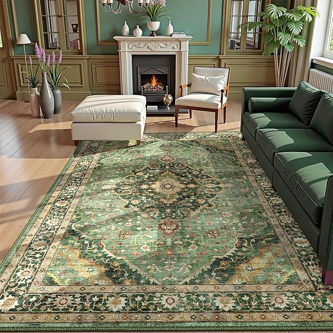 Green Rug 5x8 Area Rugs for Bedroom Washable Rugs Boho Vintage 5x8 Rug for Living Room Carpet Non-Slip Family & Pet Friendly Print Floor Rug(Border Green)