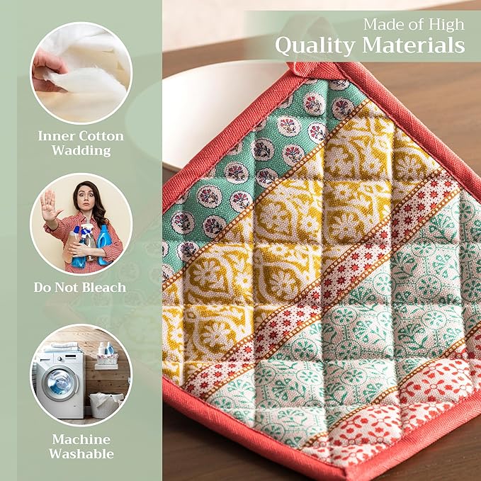 Maison d' Hermine Pot Holders 100% Cotton Heat Resistant Potholders 8" x 8" Hot Pads with Loop BBQ, Cooking, Baking, Grilling, Kitchen, Handling Hot Pans Spring/Summer (Pack of 1, Provence)