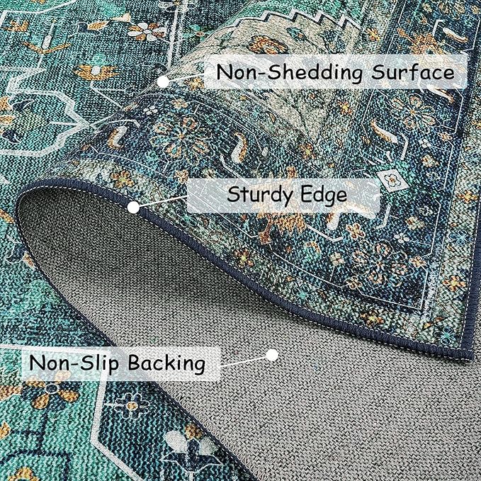 Moynesa Ultra-Thin Vintage Area Rug - 9x12 Large Living Room Rug, Non-Slip Stain Resistance Low Pile Bedroom Mat, Oriental Indoor Office Floor Carpet for Dining Room Kitchen Table Dorm