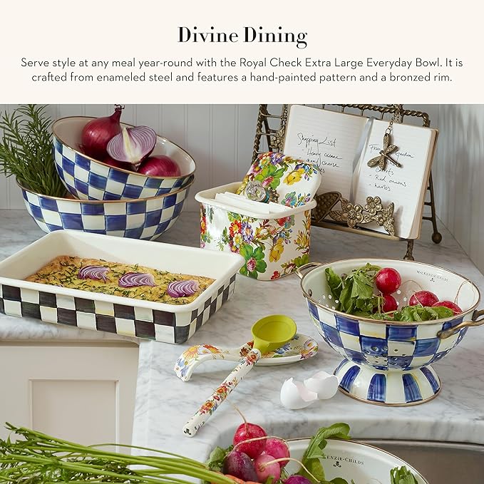 MACKENZIE-CHILDS Enamel Everyday Bowl, Serving Bowl for Entertaining, Extra-Large, Blue-and-White Royal Check, Set of 1