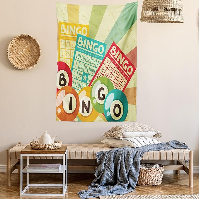 Ambesonne Vintage Tapestry, Bingo Game with Ball and Cards Pop Art Lottery Hobby Celebration Theme, Wall Hanging for Bedroom Living Room Dorm Decor, 40" X 60", Teal Multicolor