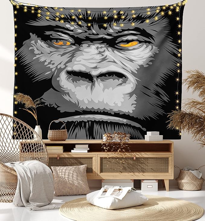 Ambesonne Modern Tapestry Queen Size, Close up Gorilla Portrait with Orange Eyes Zoo Jungle Animal Wild Money Graphic, Wall Hanging Bedspread Bed Cover Wall Decor, 88" X 88", Grey Marigold