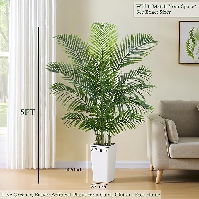 Artificial Palm Tree：5FT Tropical Fake Silk Plant UV Resistant Faux Areca Palm with White Planter & Black Pebbles for Home Office Living Room Decor Indoor Patio Porch Balcony (5FT,1-Pack,White)