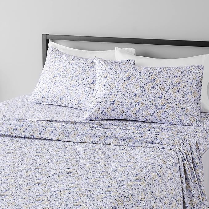 Amazon Basics Lightweight Super Soft Easy Care Microfiber 4 Piece Bed Sheet Set With 14-inch Deep Pockets, Queen, Blue Floral,Printed
