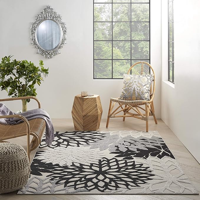 Nourison Aloha Indoor/Outdoor Black White 3'6" x 5'6" Area Rug, Tropical, Botanical, Easy Cleaning, Non Shedding, Bed Room, Living Room, Dining Room, Deck, Backyard, Patio (3x5)