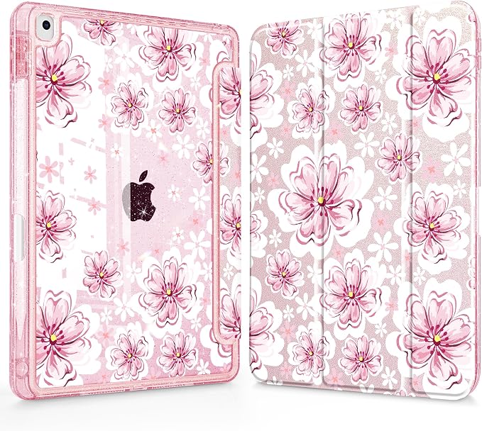 Mektron Sparkly Case for iPad 10.2 inch Glitter Tablet Cases for iPad 9th Gen 2021/8th Gen 2020/7th Gen 2019 Cover with Shiny Clear Back Shell Foldable Bling Smart Cover Blue Floral