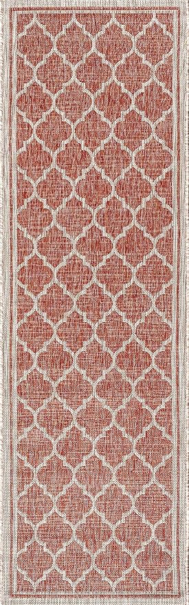 Eyely BMS109C-210 Santa Monica Trebol Moroccan Trellis Textured Weave Indoor/Outdoor Runner Rug Coastal;Bohemian, Bedroom, Backyard, Patio, Easy-Cleaning, Non-Shedding, 2 X 10, Red/Beige