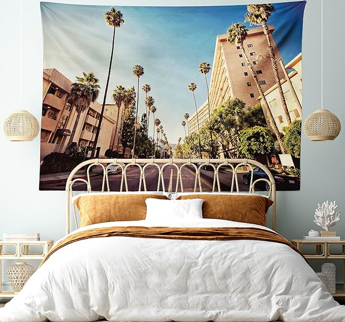 Ambesonne Urban Tapestry, Street in Beverly Hills CaliforniPalm Trees Houses Famous City Photo, Fabric Wall Hanging Decor for Bedroom Living Room Dorm, 30" X 45", Pale Blue Peach Green