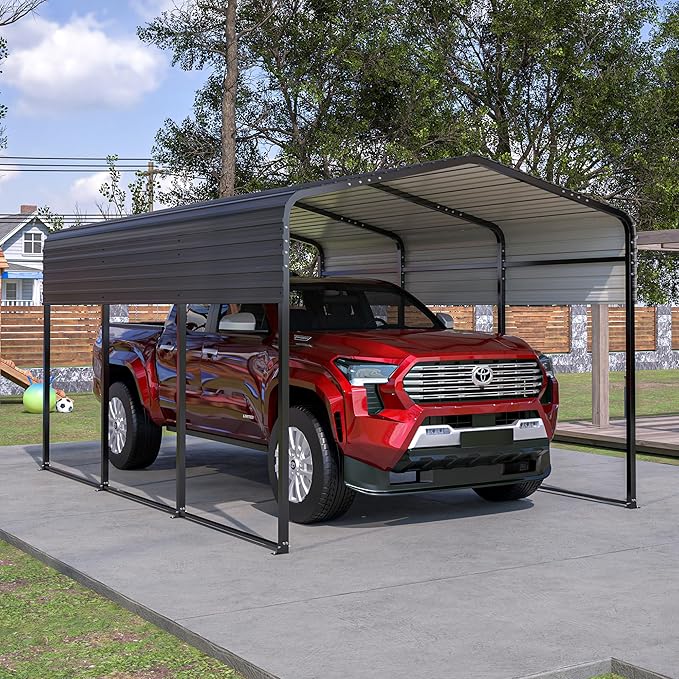 Metal Carport Kit 10x15 FT Heavy Duty Galvanized Garage Shed for Car Truck Boat Outdoor All Weather Sunshade Car Shelter with Enhanced Base Sloped Top (Black)