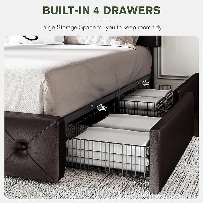 MUTICOR Full Size Bed Frame with 4 Storage Drawers, Upholstered Platform Bed with Button Tufted Adjustable Headboard, No Box Spring Needed, Easy Assembly, Diamond Tufted, Brown Leather