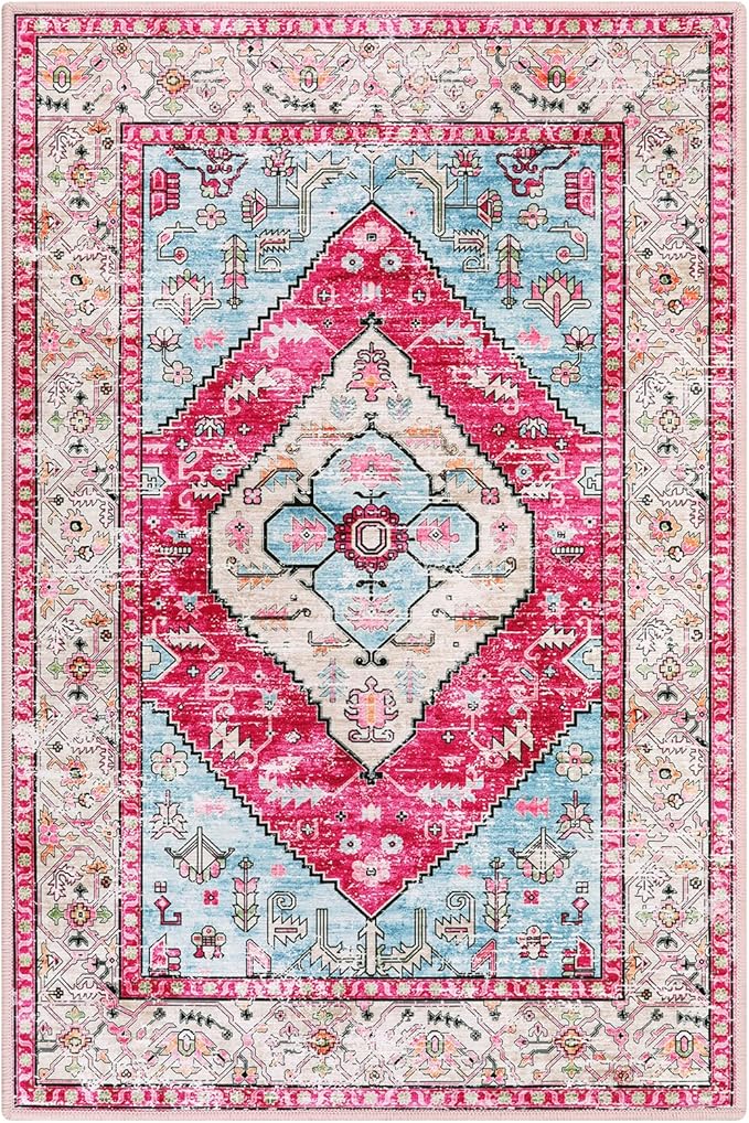 Lahome Boho Round Rug - 6Ft Washable Area Rug, Non-Slip Small Bathroom Rug, Lightweight Bedroom Throw, Oriental Distressed Print Carpet for Entryway, Sofa, Nursery, Kids Room