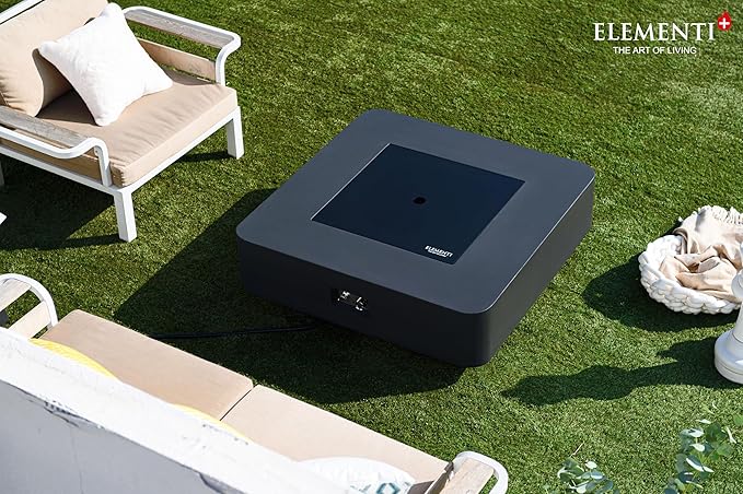 Elementi+ | Bundle Bergamo Gas Fire Pit Cast Concrete 42" Square Fire Table, Outdoor Fire Pit Electronic Ignition | Canvas Cover, Fire Glass and Burner Lid Included | Dark Gray | Propane Gas