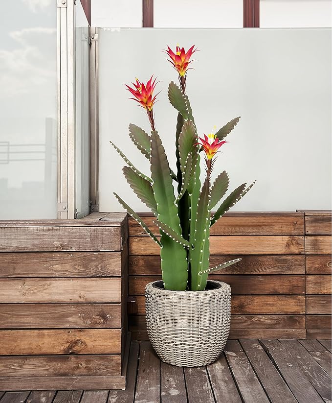 33 Inch Large Artificial Cactus with Magenta Flowers in Pot with Natural Gravel. Satin Finish Leaves with Real Look and Feel. Outdoor and Indoor Faux Plants.