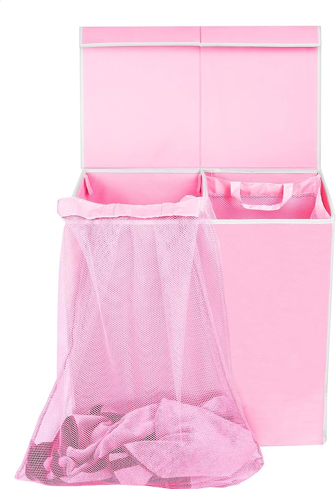 Simple Houseware Double Laundry Hamper with Lid and Removable Bags, Pink