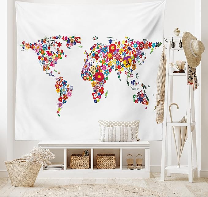 Ambesonne Floral World Map Tapestry, Bunch of Flower Petals Essence Fragrance Garden Growth Theme Atlas Image, Fabric Wall Hanging Decor for Bedroom Living Room Dorm, 28" X 23", Red White