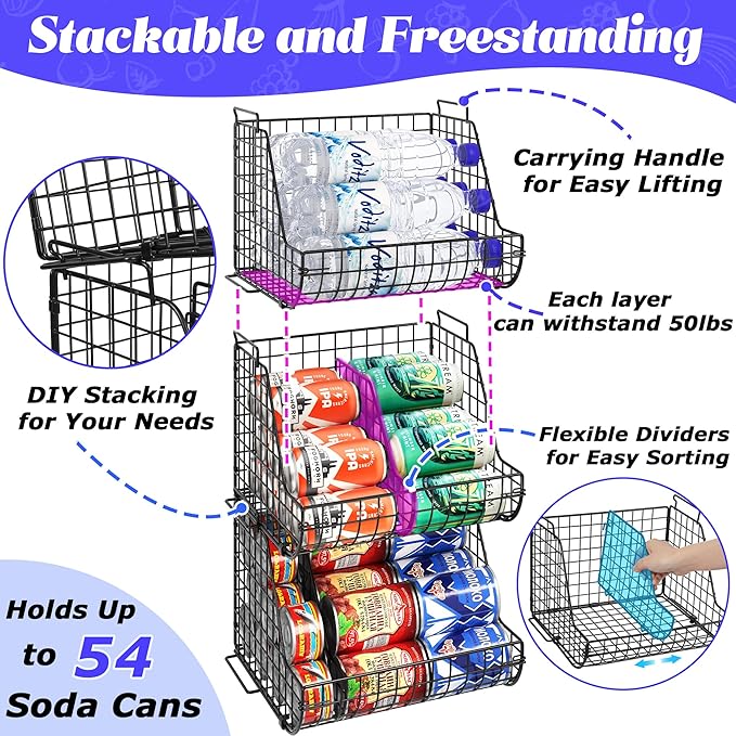 Stacking Can Dispensers 3 Tier with 3 Divider, Large Pantry Can Organizer, Beverage Drink Pop Soda Can Storage Basket, Can Holders for Pantry, Canned Food Rack Wire Bins for Kitchen Cabinet (3-Pack)